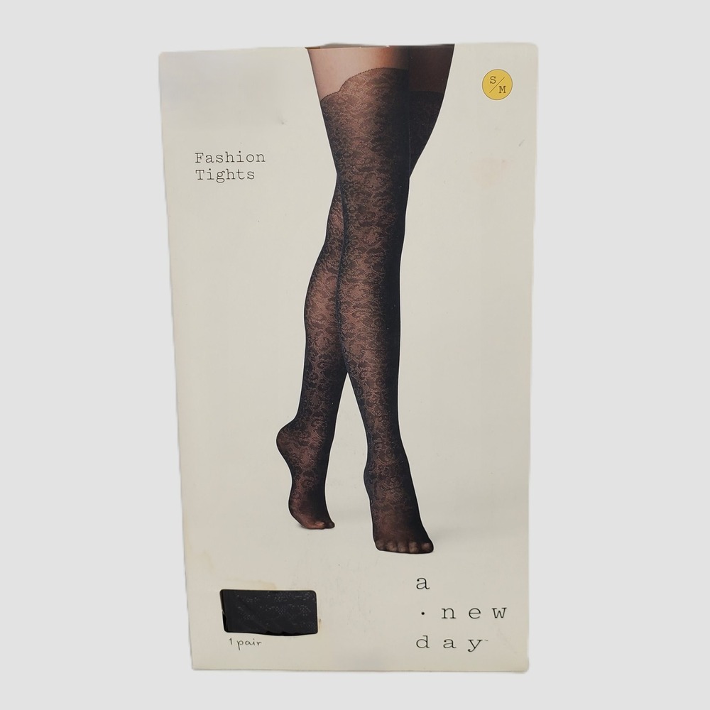A New Day Womens S / M Fashion Tights Ebony Black Floral Lace Sheer Hosiery New